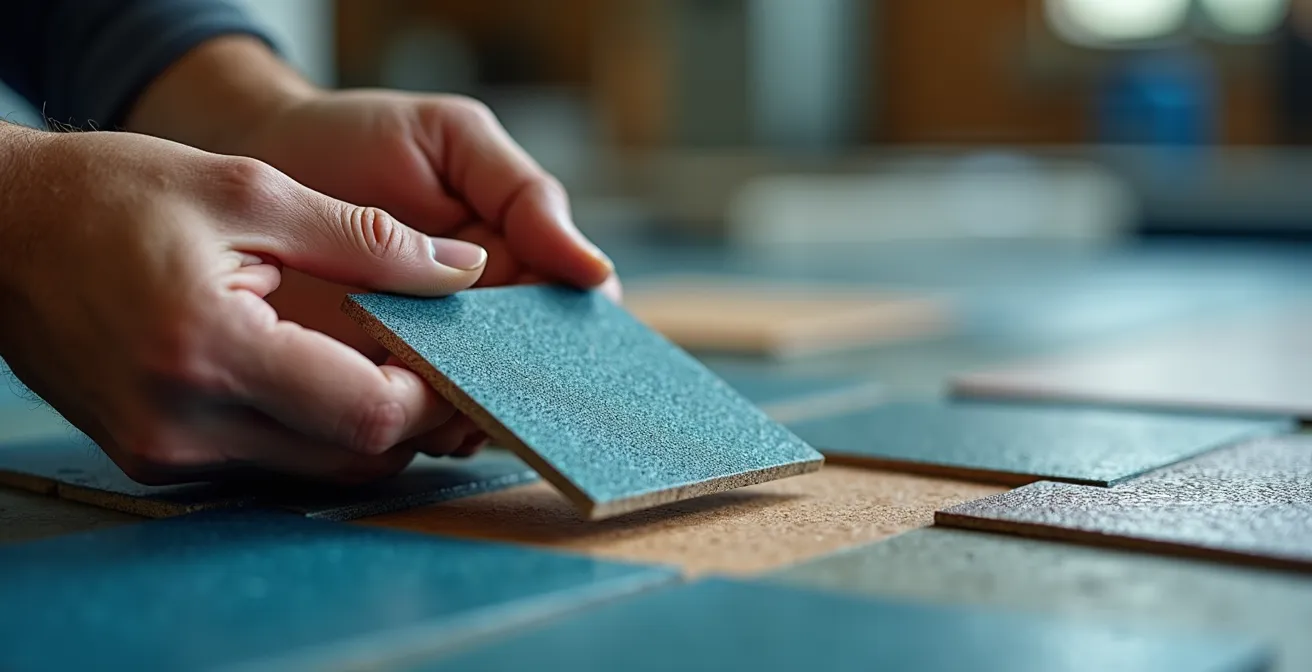 Main tenant plusieurs échantillons de matériaux de piscine avec texture et nuances différentes