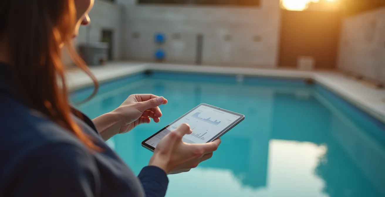 Personne consultant des informations techniques sur tablette avec piscine en construction en arrière-plan