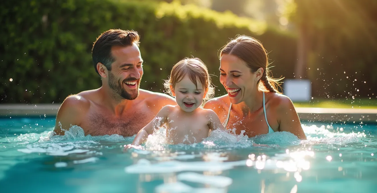 Famille heureuse profitant d'une piscine acier dans leur jardin