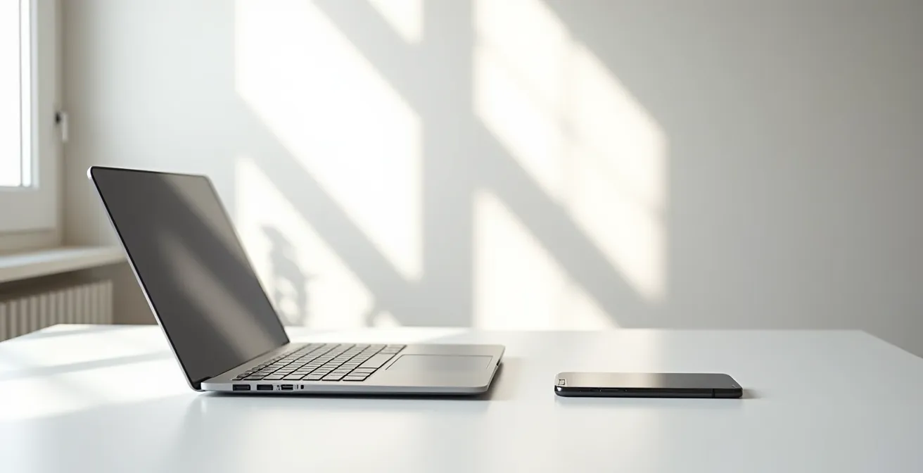 Vue minimaliste d'un espace de travail moderne avec ordinateur et téléphone