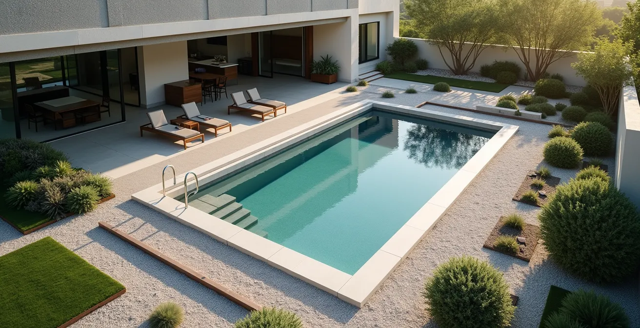 Vue aérienne d'une piscine acier aux lignes épurées dans un environnement minimaliste