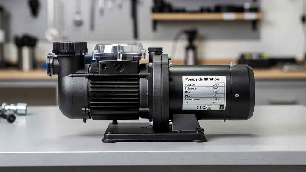 Pompe de filtration piscine neuve avec plaque signalétique visible