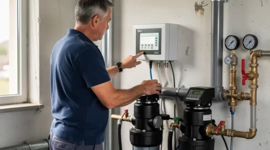Propriétaire vérifiant sa pompe de filtration piscine dans un local technique résidentiel
