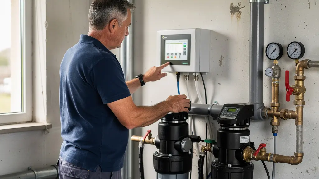 Propriétaire vérifiant sa pompe de filtration piscine dans un local technique résidentiel