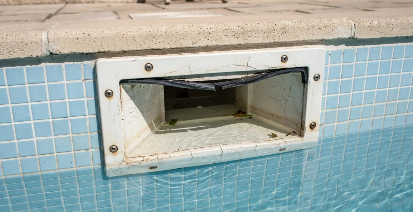 Skimmer de piscine présentant un joint d'étanchéité décollé, signe visuel fréquent de zone de fuite potentielle