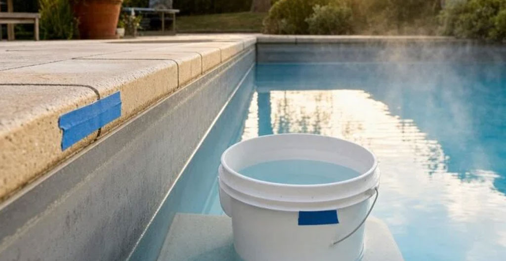 Seau transparent avec niveau d'eau marqué posé sur margelle de piscine pour réaliser le test du seau de détection de fuite