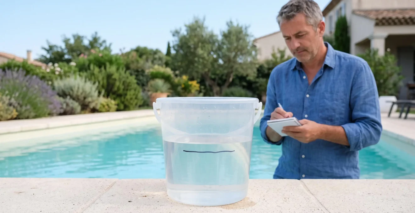 Seau transparent avec niveau d'eau marqué posé sur margelle de piscine pour réaliser le test du seau de détection de fuite