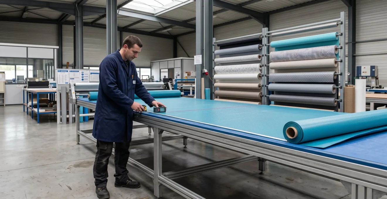 Atelier de fabrication français avec technicien vérifiant les mesures d'un liner PVC armé bleu déroulé sur grande table de découpe professionnelle