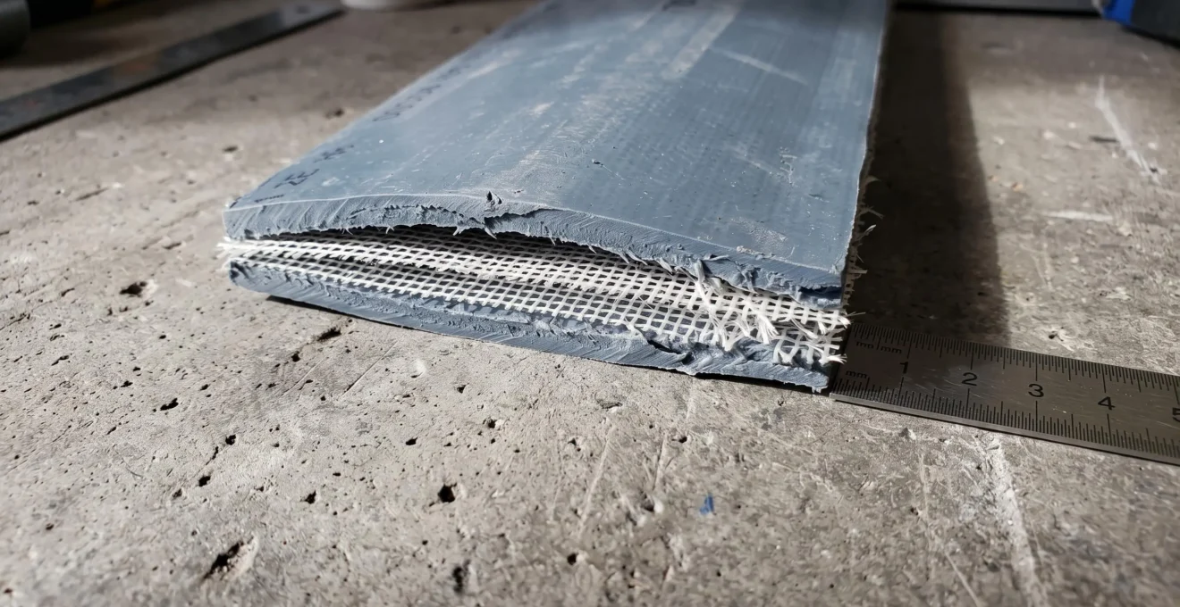 Gros plan macro sur la coupe transversale d'un liner PVC armé révélant deux couches de PVC et la trame polyester centrale blanche