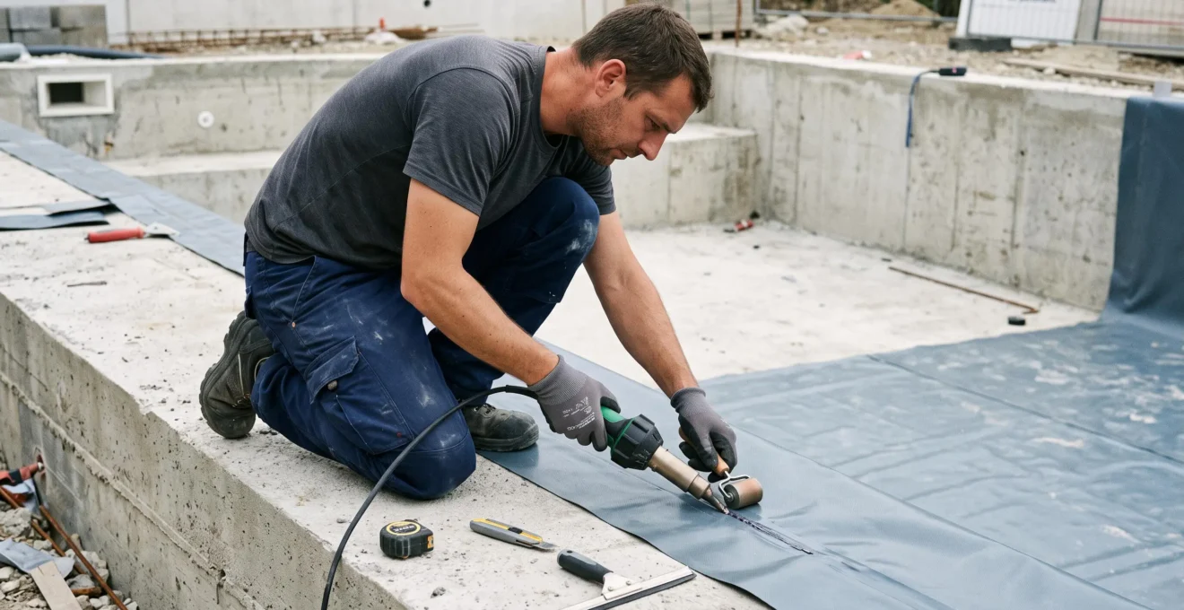 Installateur professionnel agenouillé soudant à chaud deux lés de liner PVC armé avec chalumeau manuel au bord d'un bassin béton en construction