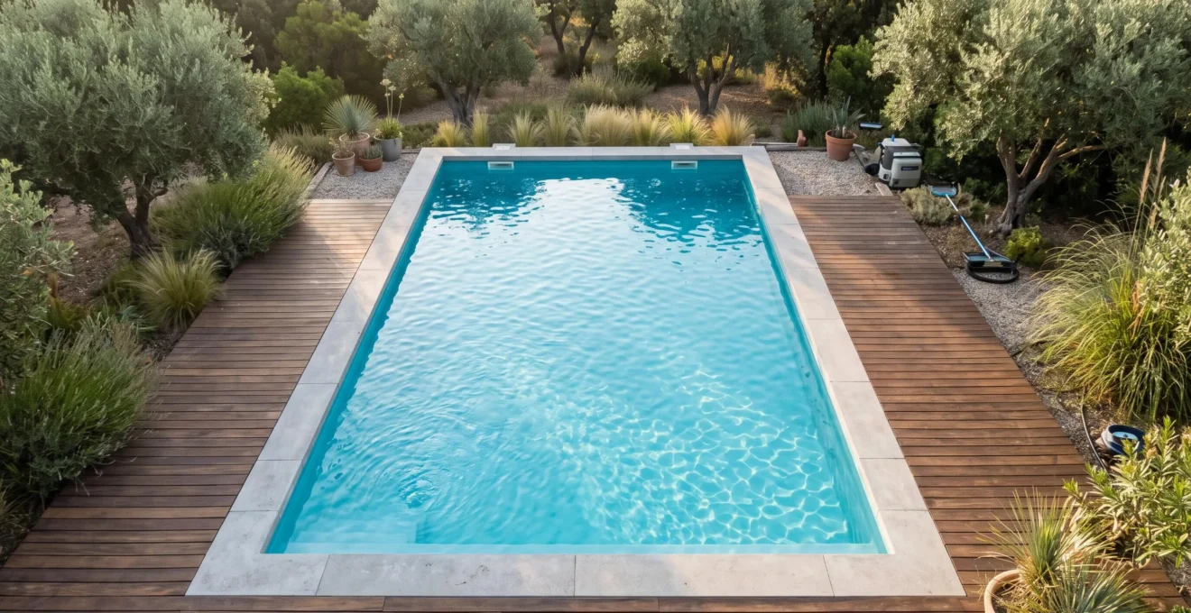 Vue aérienne d'une piscine familiale rectangulaire équipée d'un liner PVC armé bleu turquoise, eau cristalline, margelles béton contemporain et terrasse bois