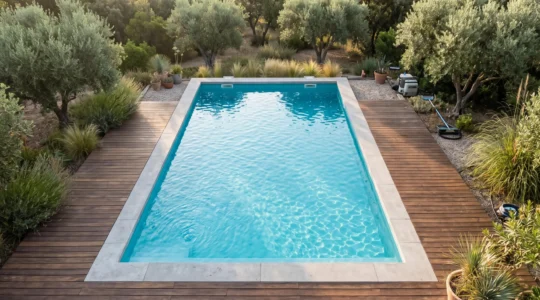 Vue aérienne d'une piscine familiale rectangulaire équipée d'un liner PVC armé bleu turquoise, eau cristalline, margelles béton contemporain et terrasse bois